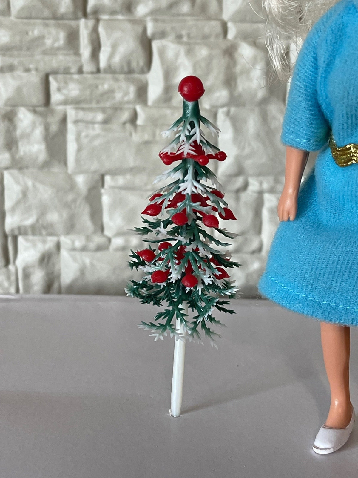 1:12 Scale Miniature Frosted Christmas Tree with Red Berries, 4-1/2 inch tall, DIY Dollhouse Supply
