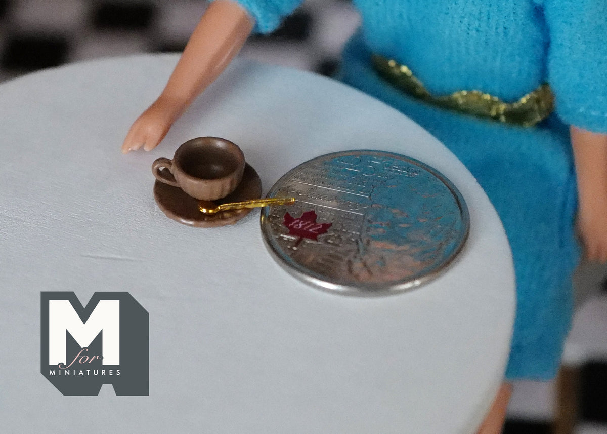 Miniature Espresso Cup Saucer and Spoon Set of 3 , 1:12 Scale Dollhouse Coffee Demitasse Cup Table Accessories - F074