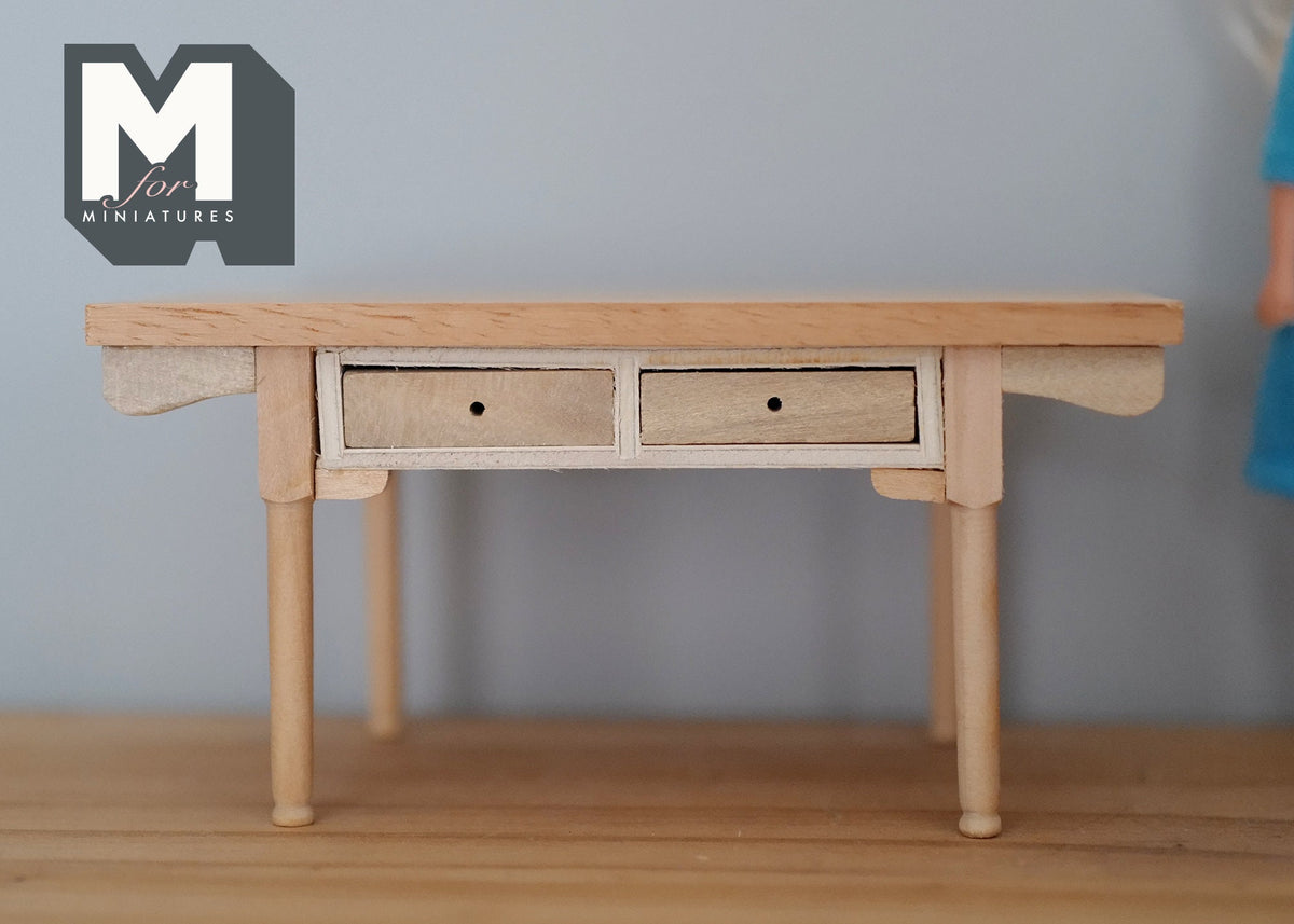 1:12 Scale Miniature Unpainted Wood Table with 2 Drawers, 2-7/16 inch tall, DIY Dollhouse Supply