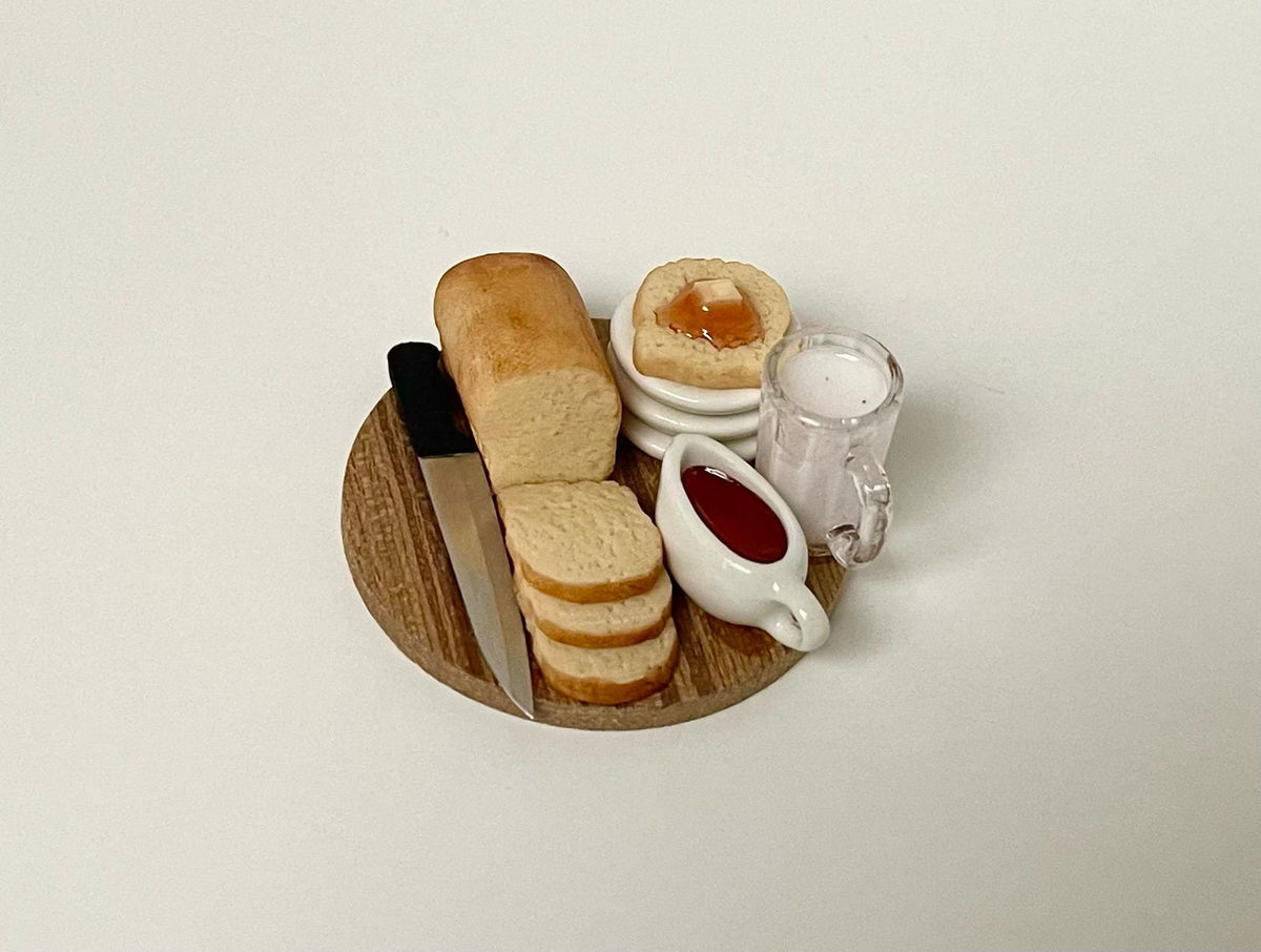 1:12 Scale Miniature Breakfast Board with Sliced Bread Loaf, Honey, Jam and Cup, 1-9/16 inch dia., DIY Dollhouse Supply