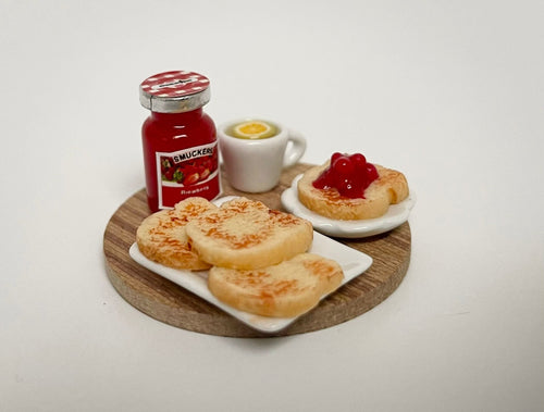 1:12 scale miniature breakfast tray with toast and jam, round wood tray with a jam jar, cup and toast plates