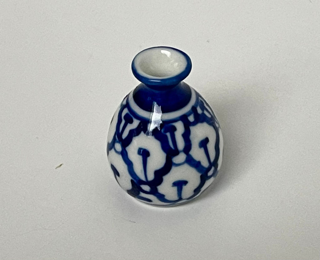 1:12 Scale Miniature Ceramic Round Vase, Blue and White Floral Pattern, 1-1/16 inch tall, DIY Dollhouse Supply
