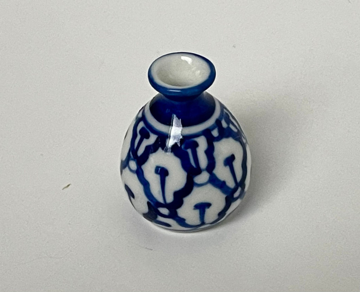 1:12 Scale Miniature Ceramic Round Vase, Blue and White Floral Pattern, 1-1/16 inch tall, DIY Dollhouse Supply
