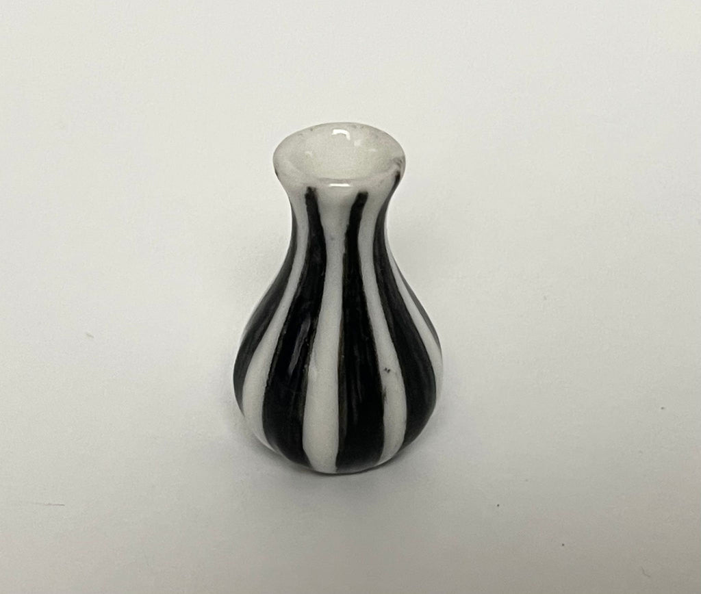 1:12 Scale Miniature Ceramic Flower Vase, Vertical Stripes, 1-1/16 inch tall, DIY Dollhouse Supply (white and black)