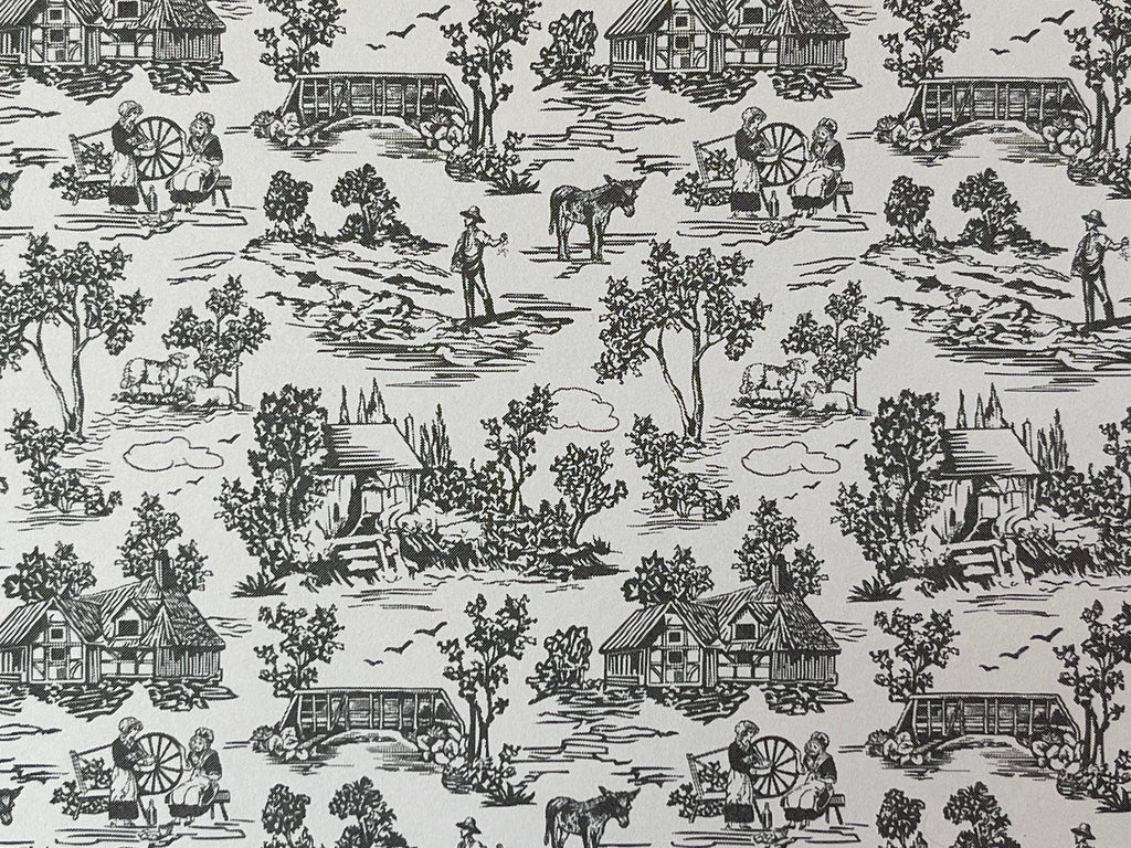 1:12 scale miniature country scene toile wallpaper in charcoal on white, cottages, trees and figures pattern
