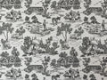 1:12 scale miniature country scene toile wallpaper in charcoal on white, cottages, trees and figures pattern