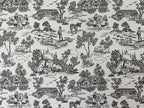 1:12 scale miniature country scene toile wallpaper in charcoal on white, cottages, trees and figures pattern
