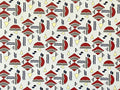 1:12 scale miniature geometric Odeon wallpaper with red, black and yellow Art Deco shapes on a cream background