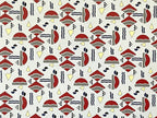 1:12 scale miniature geometric Odeon wallpaper with red, black and yellow Art Deco shapes on a cream background