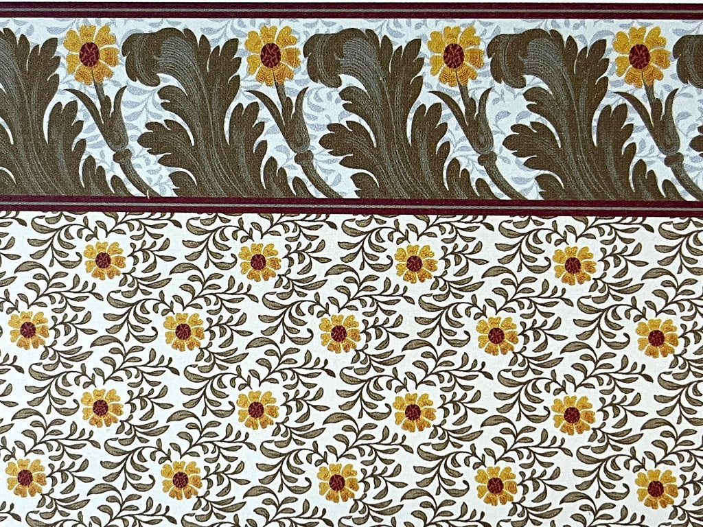 1:12 scale miniature sunflower wallpaper in cream with printed border of large sunflowers and gray-green leaves