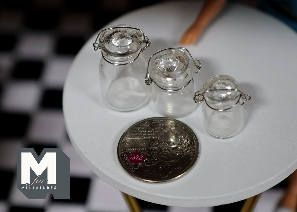 1:12 Scale Miniature Clear Glass Round Canisters with Lids, Set of 3, 13/16 to 1 inch tall, DIY Dollhouse Supply