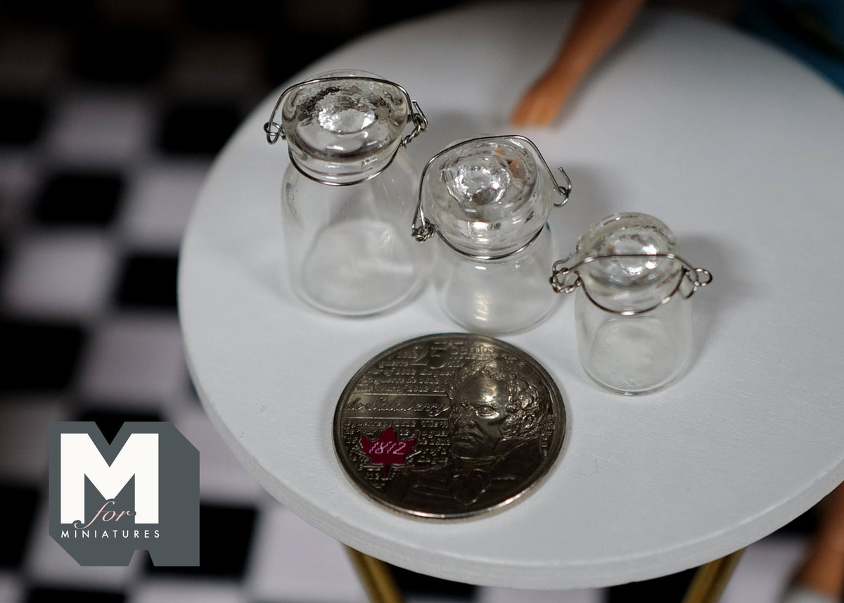 1:12 Scale Miniature Clear Glass Round Canisters with Lids, Set of 3, 13/16 to 1 inch tall, DIY Dollhouse Supply