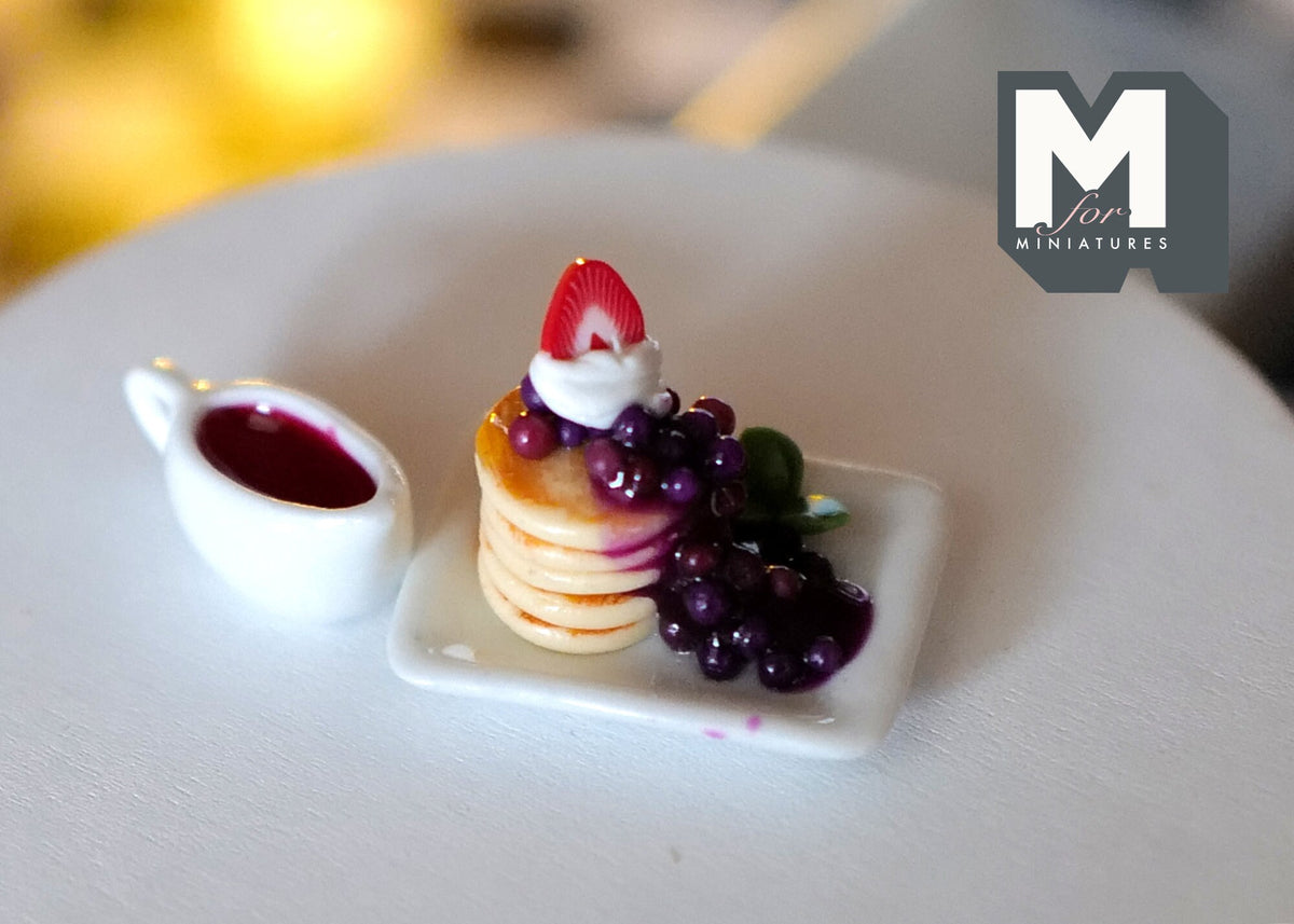 1:12 Scale Miniature Pancake Stack with Blueberry Jam and Strawberry, 13/16 inch tall, DIY Dollhouse Supply