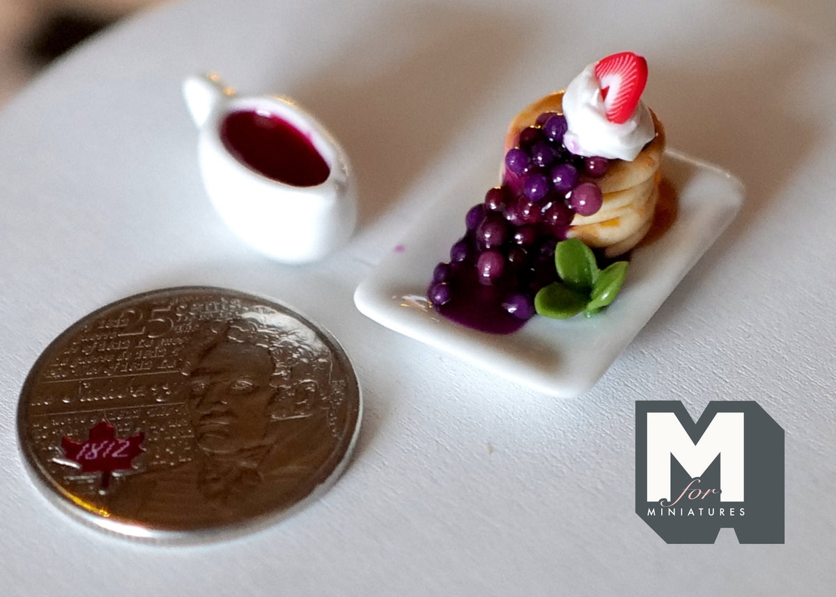1:12 Scale Miniature Pancake Stack with Blueberry Jam and Strawberry, 13/16 inch tall, DIY Dollhouse Supply