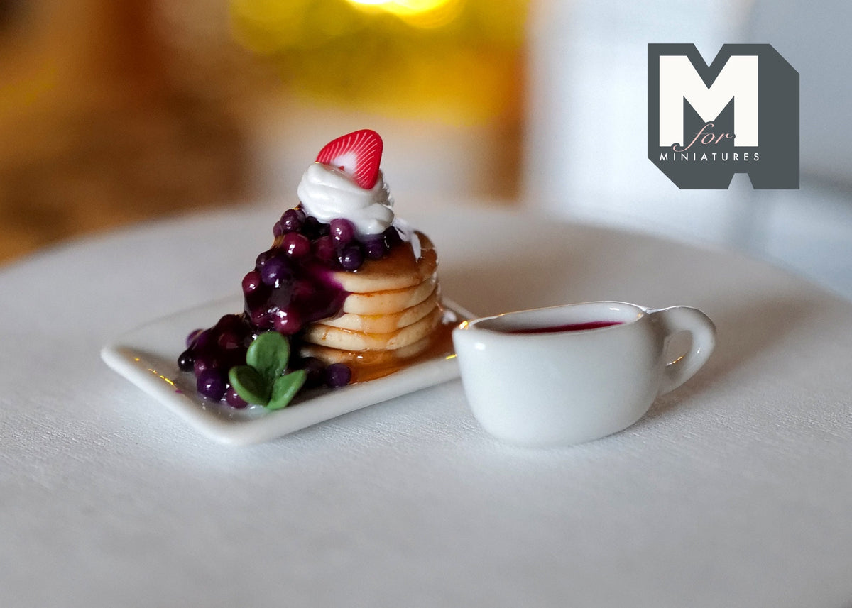 1:12 Scale Miniature Pancake Stack with Blueberry Jam and Strawberry, 13/16 inch tall, DIY Dollhouse Supply