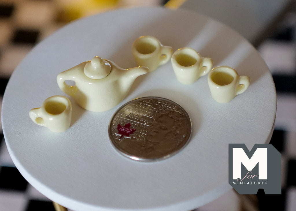 1:12 Scale Miniature Ceramic Tea Set with Teapot and 4 Cups, Set of 5, DIY Dollhouse Supply (pale yellow)