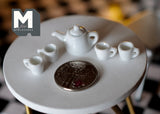Dollhouse Miniatures Ceramic white teapot tea 5 piece set doll house teapot tea cups tray parlour miniature (white) - A016
