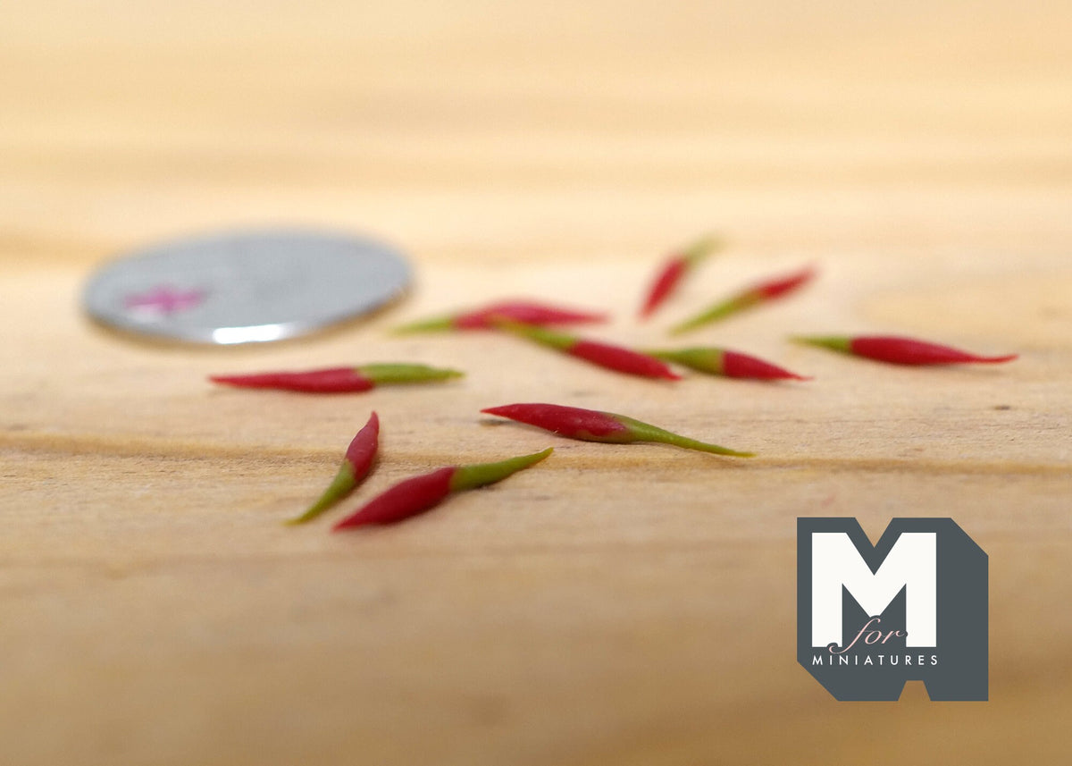1:12 Scale Miniature Red Chili Peppers, Set of 10, 9/16 inch long, DIY Dollhouse Supply