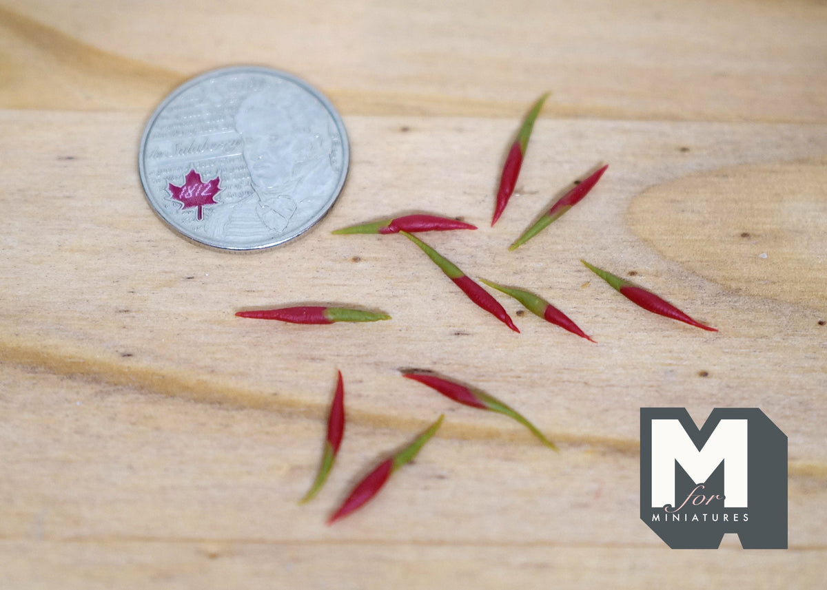 1:12 Scale Miniature Red Chili Peppers, Set of 10, 9/16 inch long, DIY Dollhouse Supply