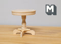 1:12 scale miniature unpainted wood round pedestal end table with turned column and four feet, on a wood surface