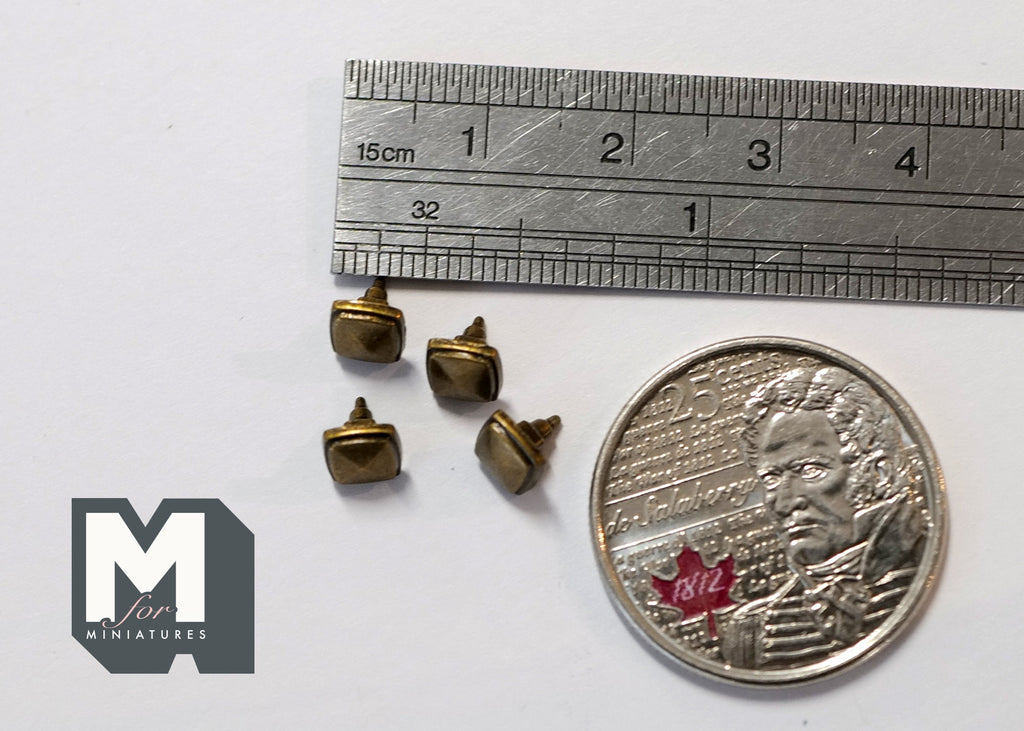 1:12 Scale Miniature Dollhouse Square Cabinet Knobs, Set of 4, 3/16 inch wide (antique brass) (Y)