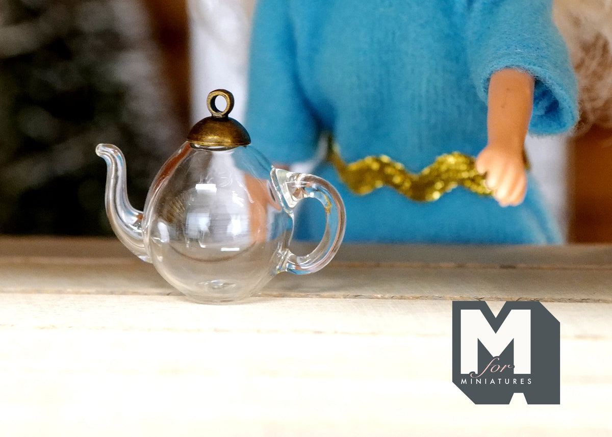1:12 Scale Miniature Glass Teapot with Metal Lid, 1-1/4 inch wide, DIY Dollhouse Supply