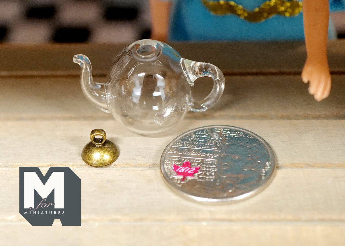 1:12 Scale Miniature Glass Teapot with Metal Lid, 1-1/4 inch wide, DIY Dollhouse Supply