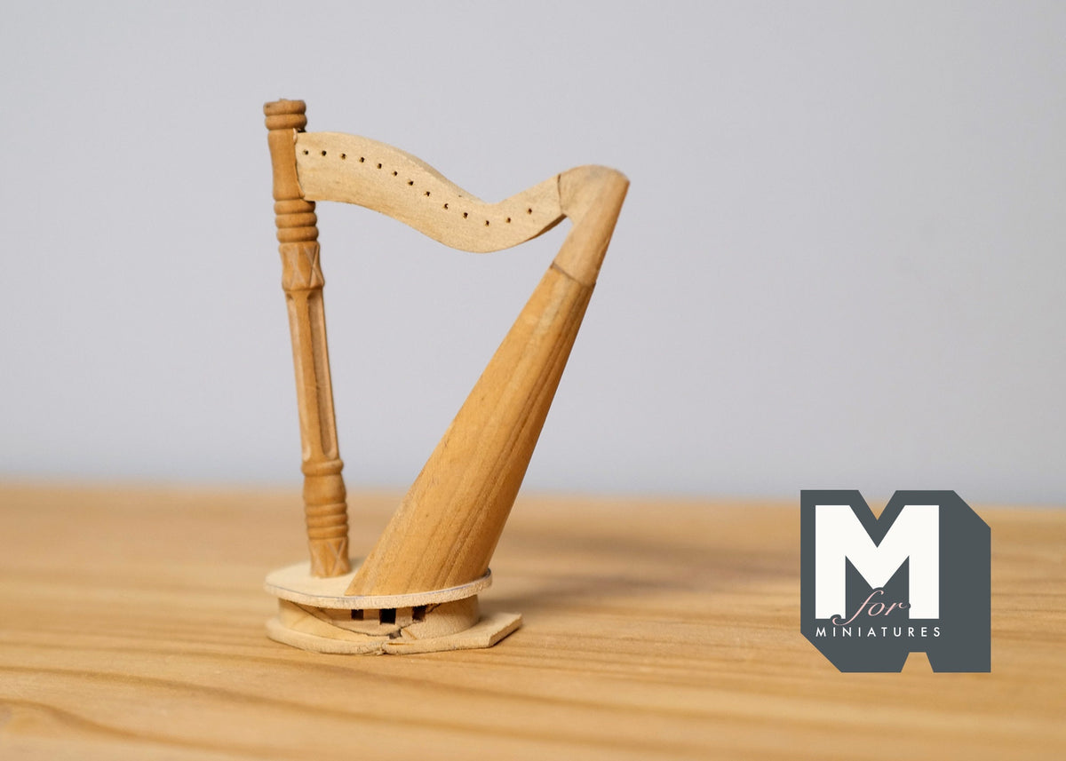 1:12 Scale Miniature Lever Harp, Unstrung Celtic Harp, Unfinished, Ready to Paint, 3-9/16 inch tall, Dollhouse Craft Supply