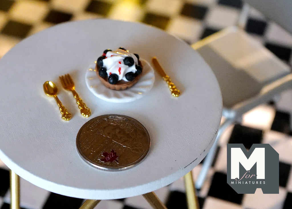 1:12 Scale Miniature Blueberry Tart with Plate and Cutlery, Set of 5, 11/16 inch dia., DIY Dollhouse Supply