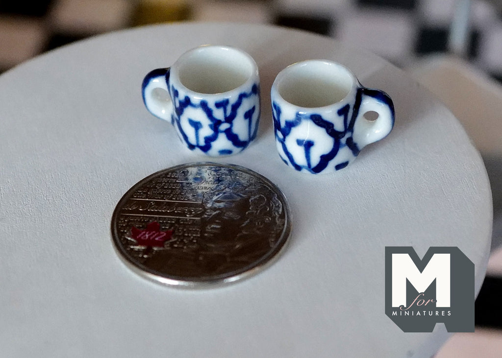 1:12 Scale Miniature Ceramic Coffee Mugs, Set of 2, 1/2 inch tall, DIY Dollhouse Supply (blue geometric)