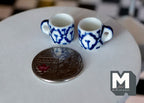 1:12 Scale Miniature Ceramic Coffee Mugs, Set of 2, 1/2 inch tall, DIY Dollhouse Supply (blue geometric)