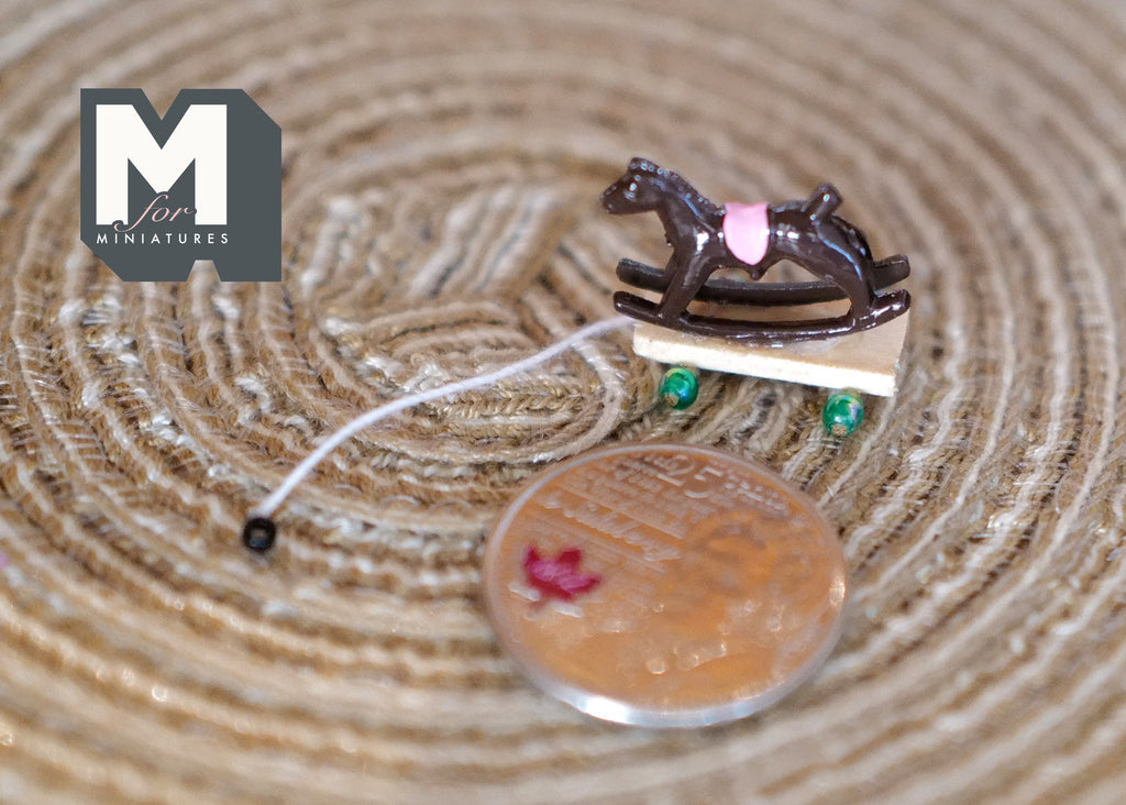1:12 Scale Miniature Small Rocking Horse, 11/16 inch tall, DIY Dollhouse Supply (dark brown and white)