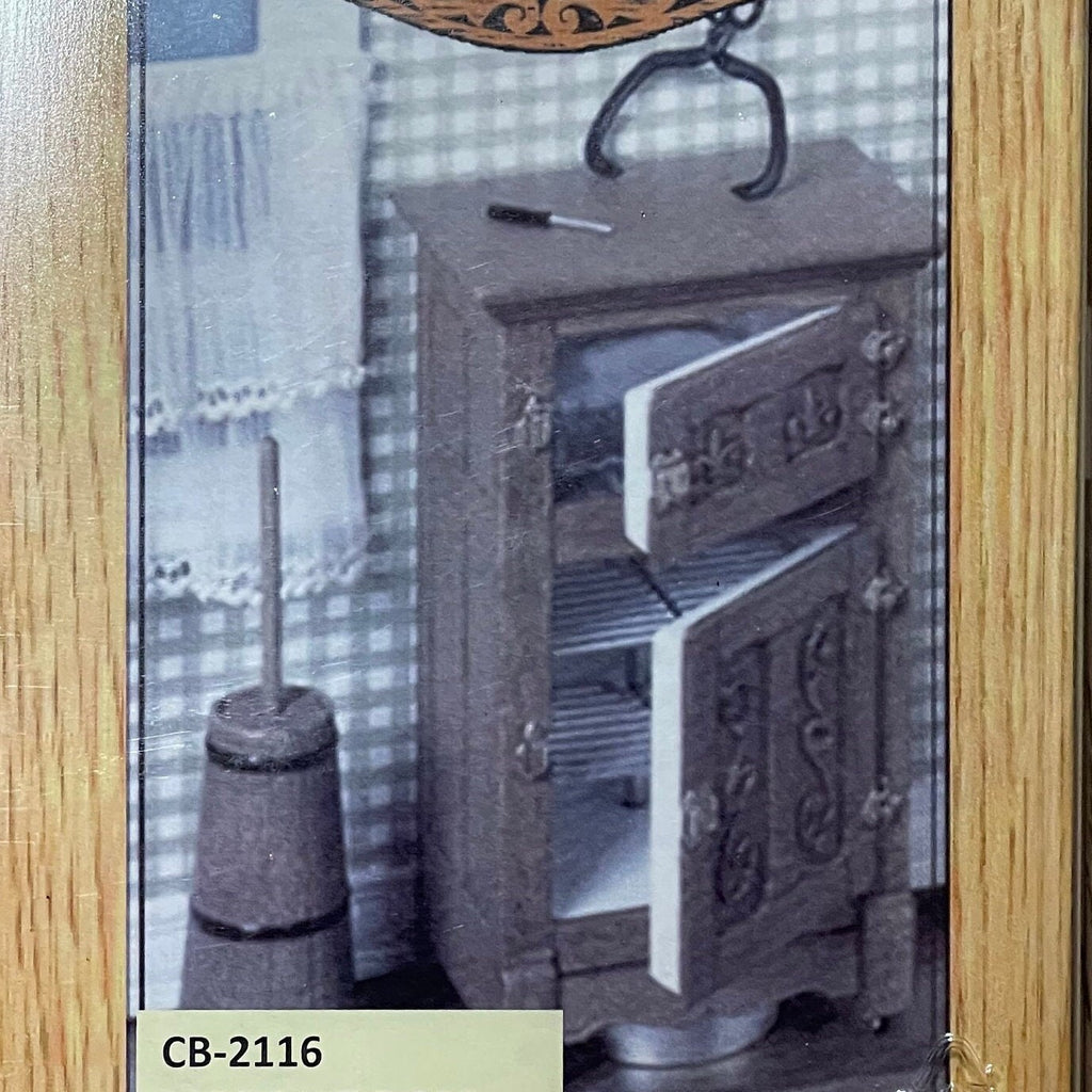 1:12 scale miniature ice box and butter churn kit, 8 pieces, package art showing a gray ice box with open doors and a churn