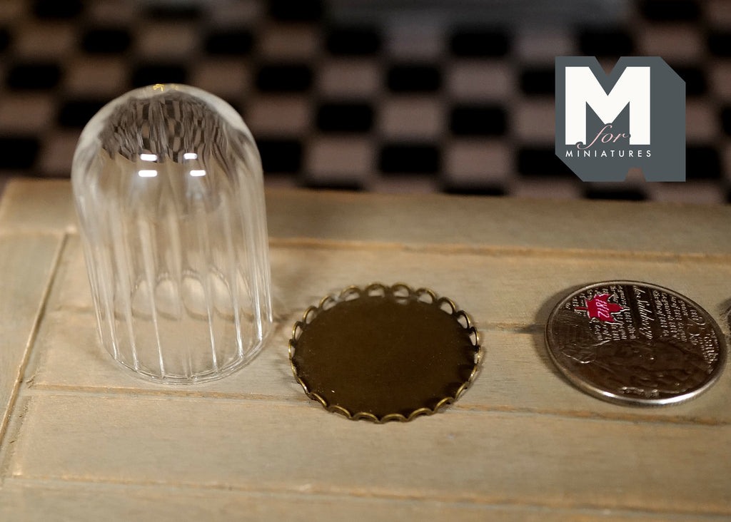 1:12 Scale Miniature Ribbed Glass Dome on Bronze Metal Base, 1-1/2 inch tall, DIY Dollhouse Supply (large)