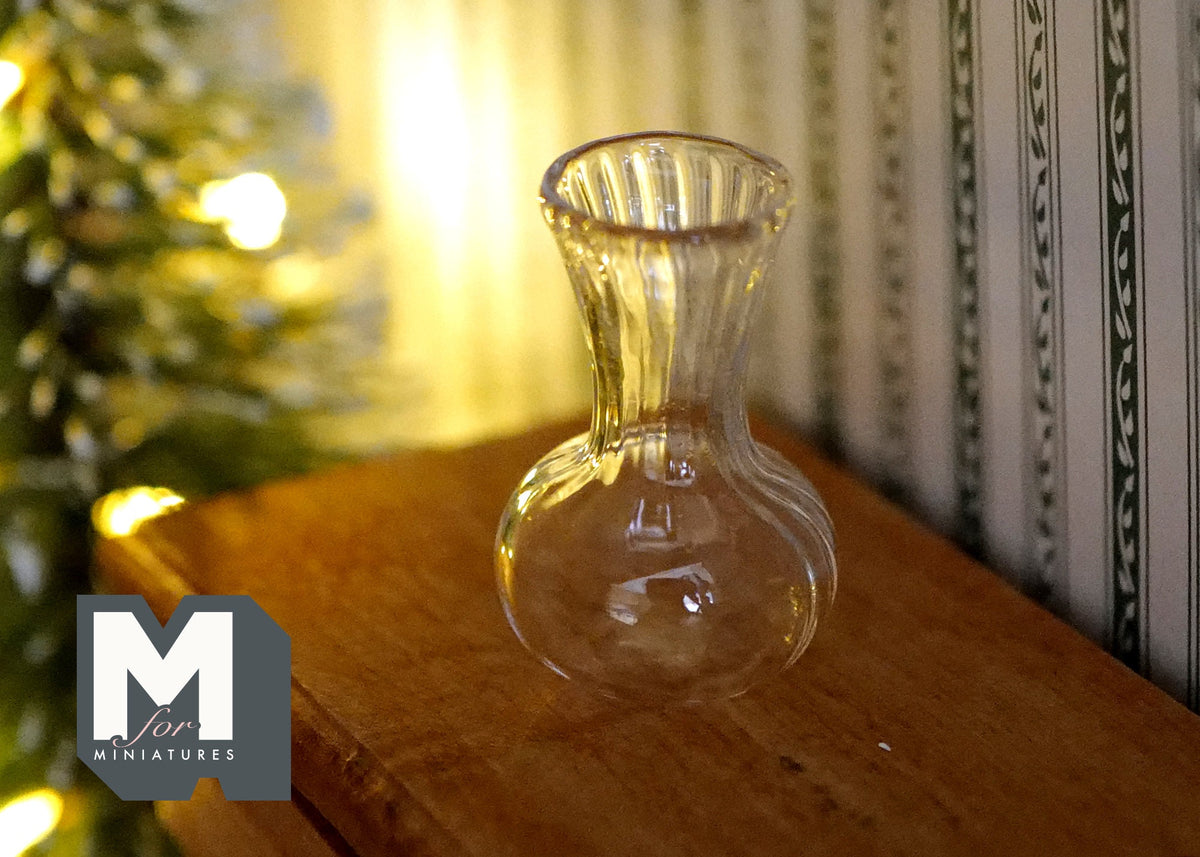 1:12 Scale Miniature Glass Vase, Round Bottom with Flared Ribbed Top, 1-3/16 inch tall, DIY Dollhouse Supply (clear)