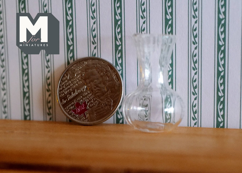 1:12 Scale Miniature Glass Vase, Round Bottom with Flared Ribbed Top, 1-3/16 inch tall, DIY Dollhouse Supply (clear)