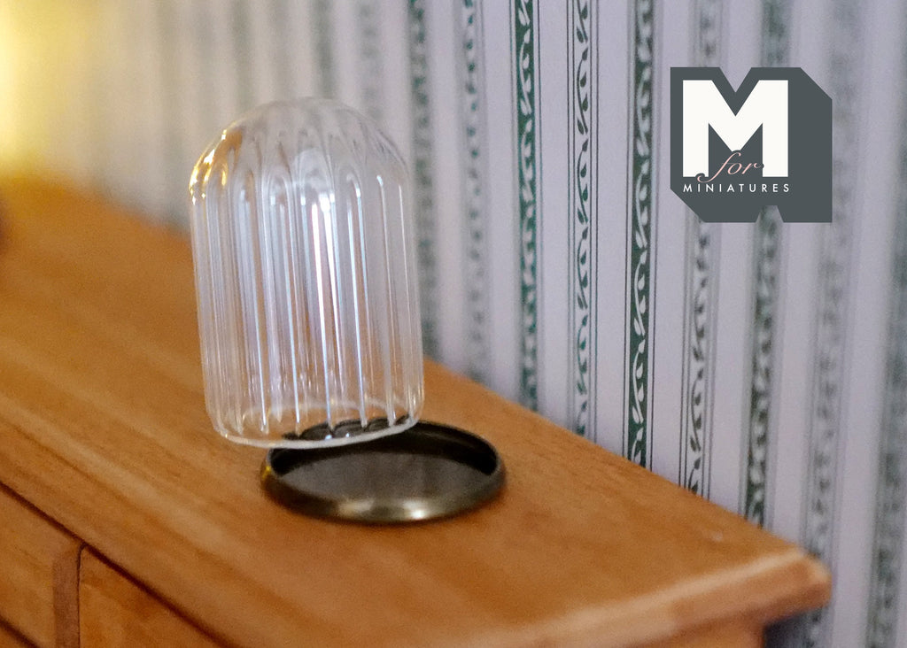 1:12 Scale Miniature Fluted Glass Dome Display, Round Black Base, 1-3/16 inch tall, DIY Dollhouse Supply