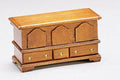 1:12 scale miniature wood blanket chest kit, unassembled kit, shown built and stained brown with arched panels and drawers