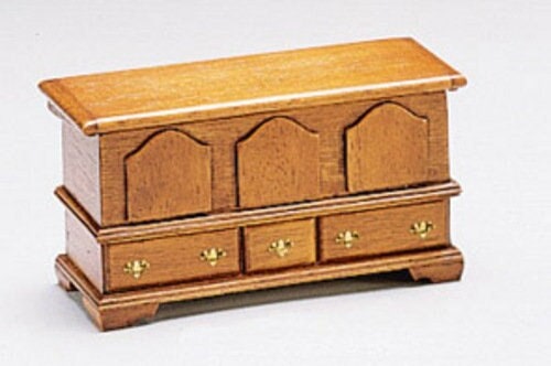 1:12 scale miniature wood blanket chest kit, unassembled kit, shown built and stained brown with arched panels and drawers