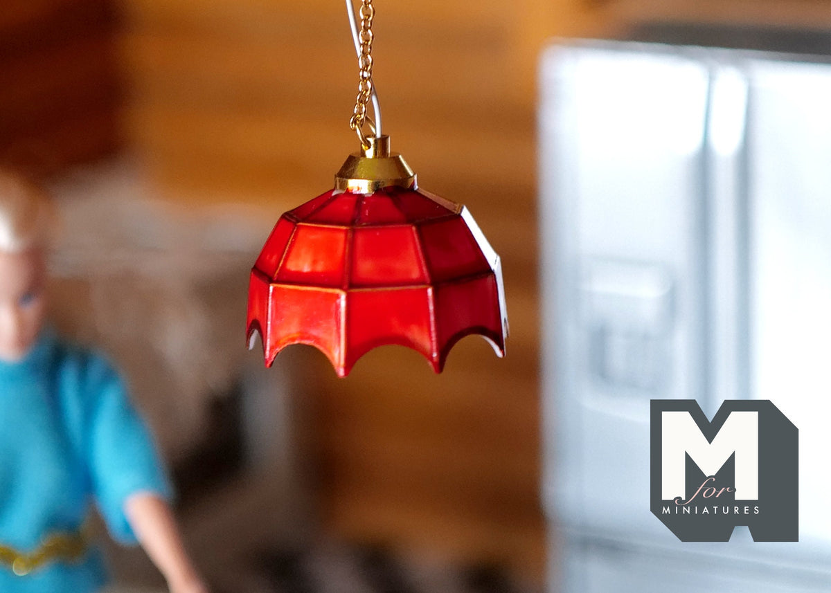 1:12 Scale Miniature Stained Glass Style Pendant Light, Battery Powered, On Off Switch, 3-15/16 inch tall, DIY Dollhouse Supply (red)