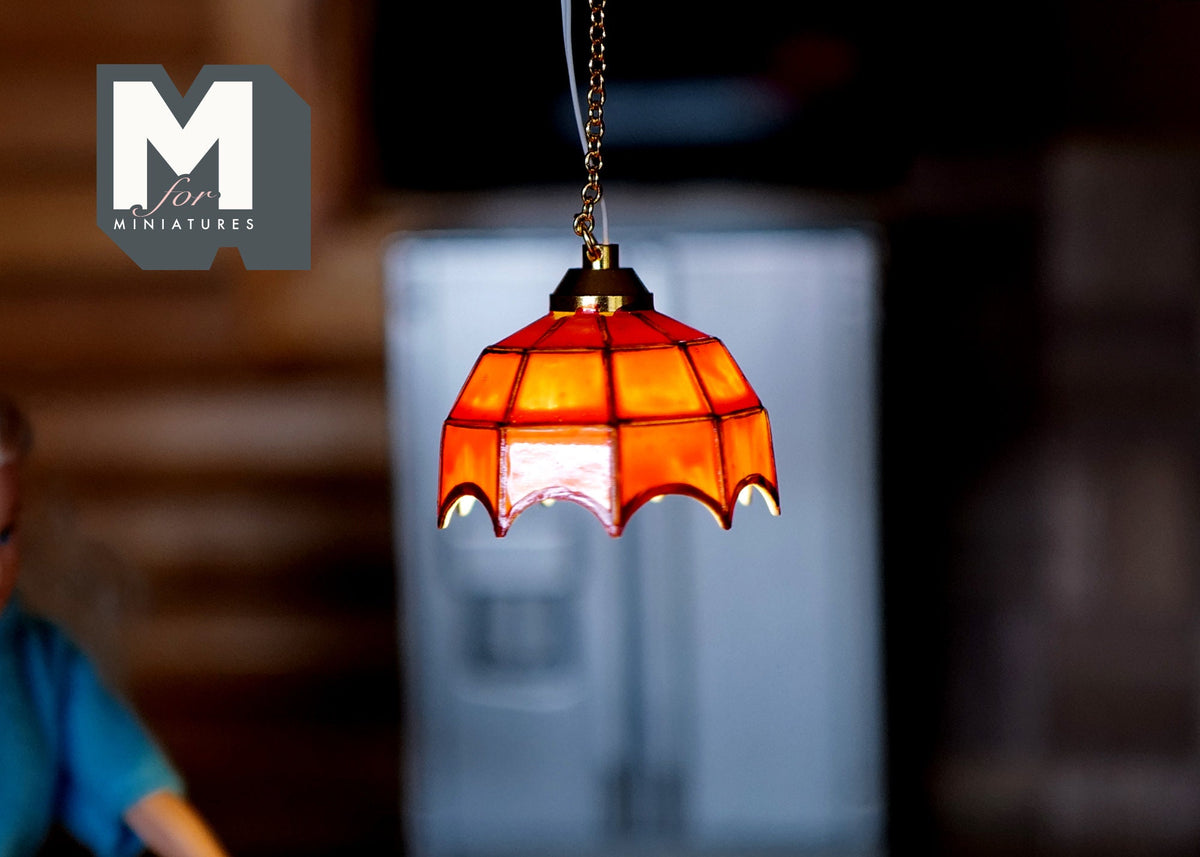 1:12 Scale Miniature Stained Glass Style Pendant Light, Battery Powered, On Off Switch, 3-15/16 inch tall, DIY Dollhouse Supply (red)