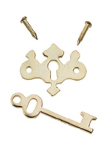 1:12 Scale Miniature Chippendale Style Keyhole Plates with Keys and Nails, Set of 6, 7/16 inch long, DIY Dollhouse Supply (brass)