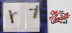 1:12 scale miniature Old English style door levers with keyhole backplates in bronze, set of 2, shown in clear package