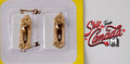 1:12 scale miniature door knobs with ornate backplates and keys in brass, set of 2, shown in clear packaging