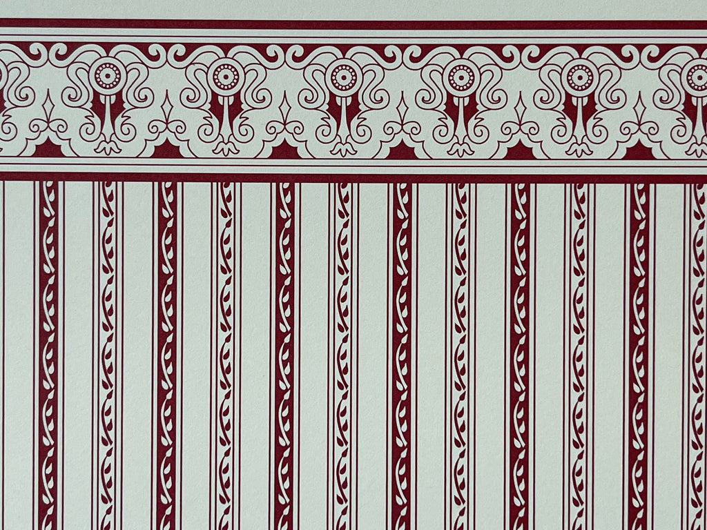 1:12 scale miniature Regency burgundy stripe wallpaper on cream with a printed ornamental border along the top
