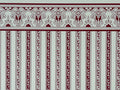 1:12 scale miniature Regency burgundy stripe wallpaper on cream with a printed ornamental border along the top
