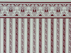 1:12 scale miniature Regency burgundy stripe wallpaper on cream with a printed ornamental border along the top