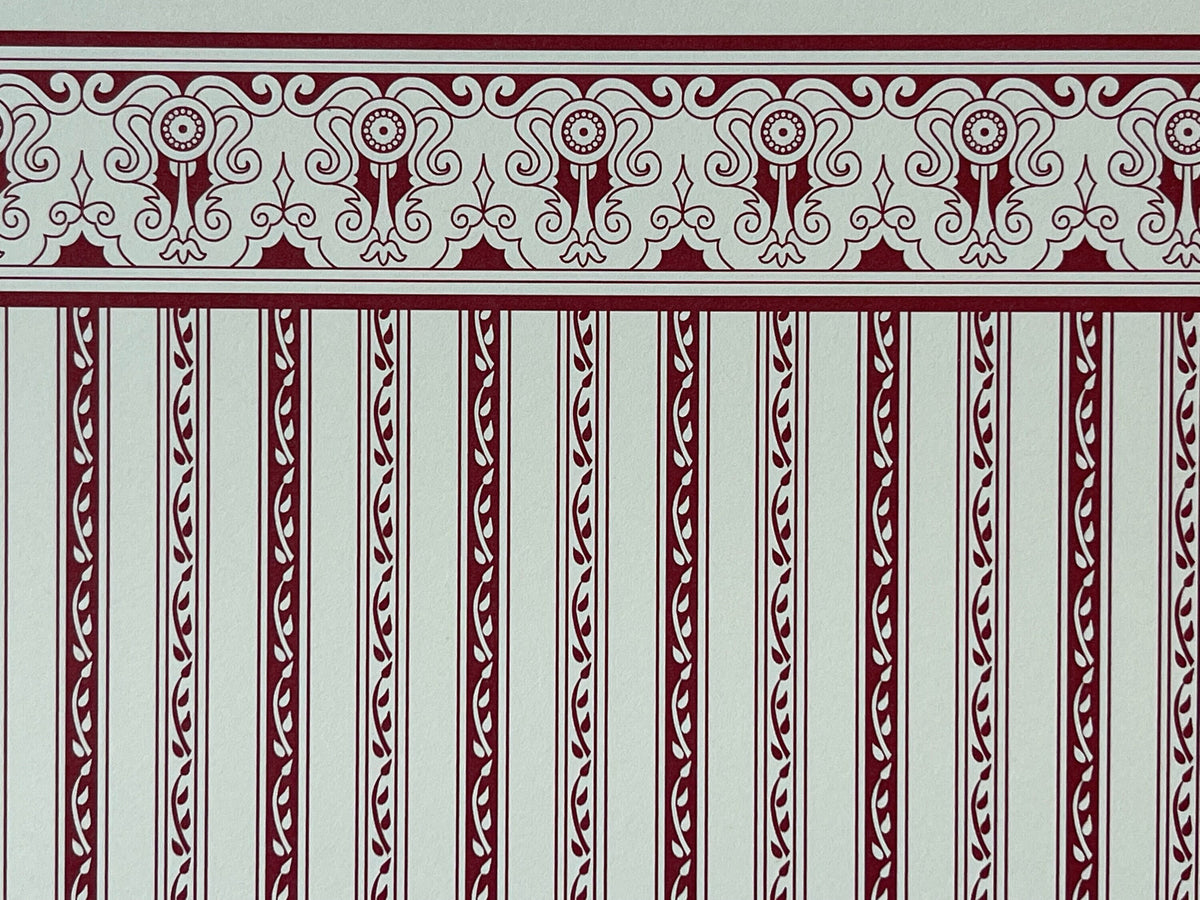 1:12 Scale Miniature Regency Burgundy Stripe Wallpaper with Printed Border, 16-15/16 x 12 inch, DIY Dollhouse Supply