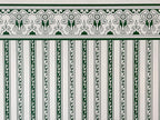 1:12 scale miniature Regency green stripe wallpaper on cream with a printed ornamental border along the top