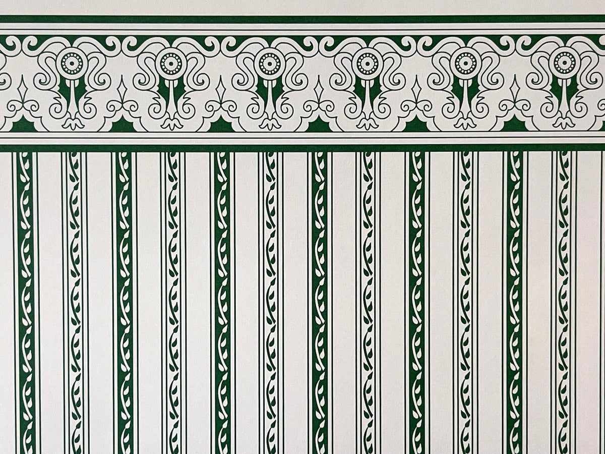 1:12 Scale Miniature Regency Green Stripe Wallpaper with Printed Border, 16-15/16 x 12 inch, DIY Dollhouse Supply